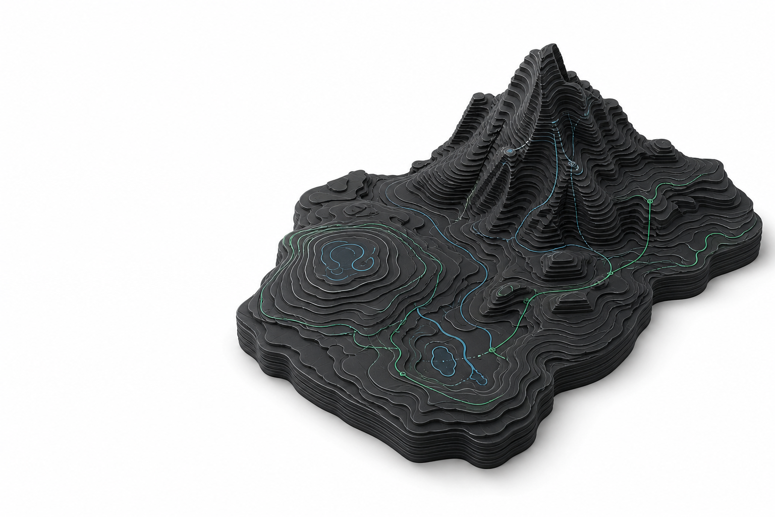Topographic terrain model with blue and jade route lines